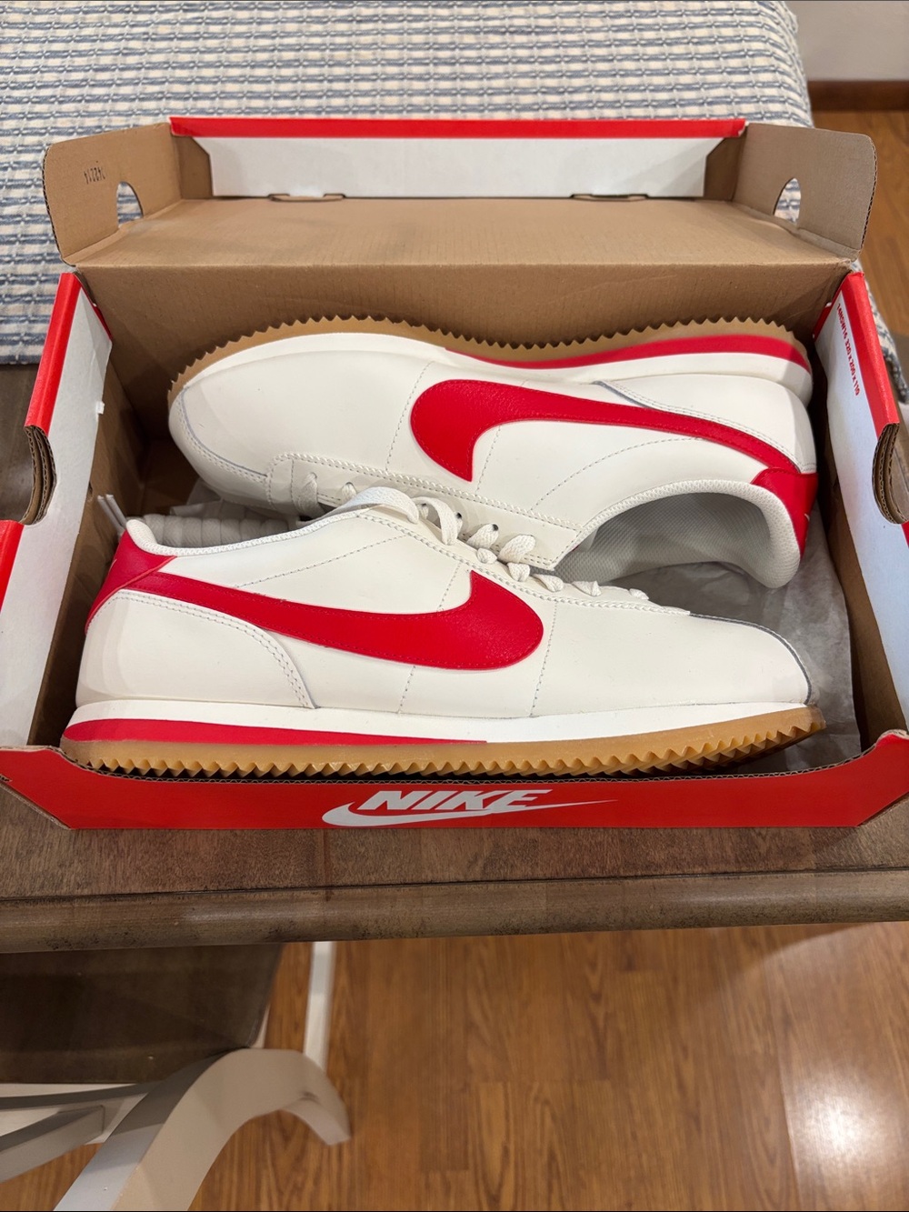 Nike White Sneakers with Red Swoosh and Gum Sole